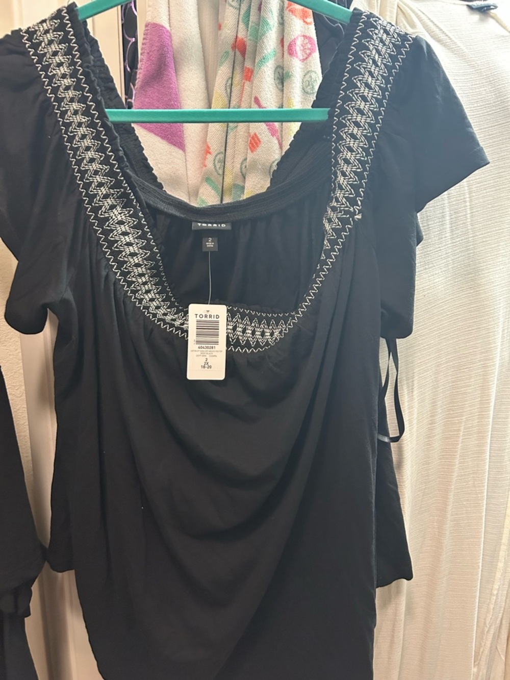 torrid Black Scoop Neck Top with White Embroidery